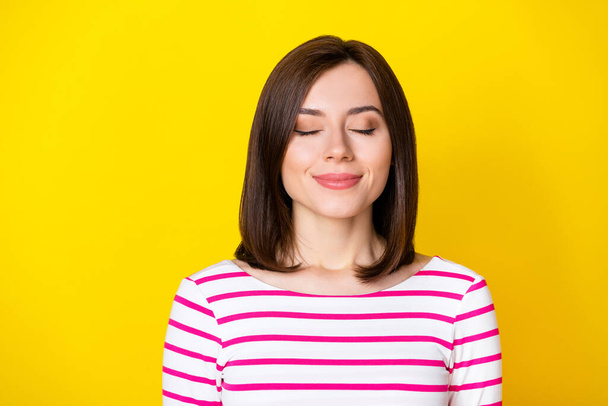 Closeup photo of young attractive pretty woman closed eyes dreaming about new car isolated on bright yellow color background. - Fotoğraf, Görsel