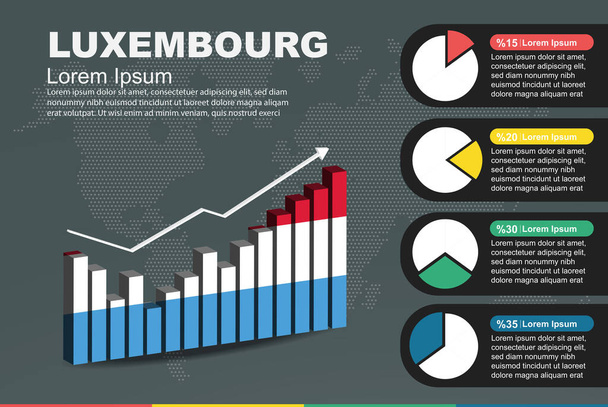 Інфографіка Люксембургу з 3D-стовпчиком і секторною діаграмою, збільшення значень, прапор Люксембургу на 3D-стовпчиковому графі, вгору і вниз дані, презентація графічної ідеї, розвиток країни. - Вектор, зображення