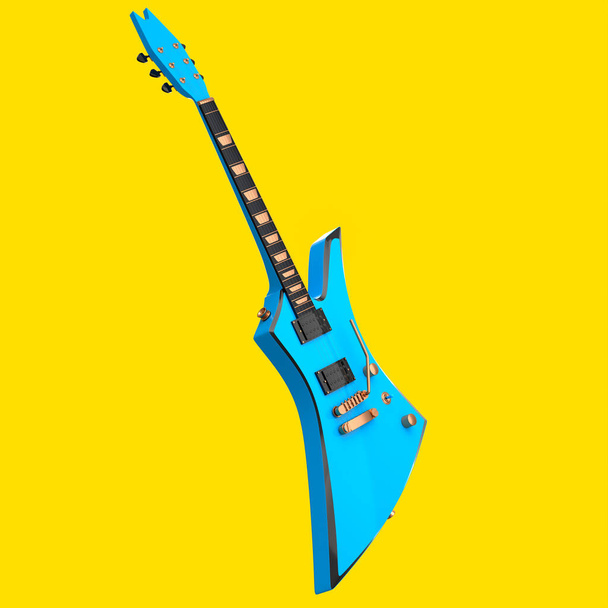 Electric acoustic guitar isolated on yellow background. 3d render of concept for rock festival poster with heavy metal guitar for music shop - Foto, imagen