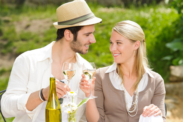 Restaurant terrace elegant couple celebrate sunny day - Foto, Imagem