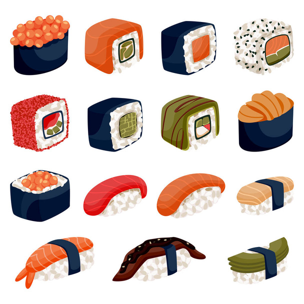 Set de sushi fresco, aislado sobre fondo blanco. Rollos con salmón, camarones, atún, aguacate y arroz. Ilustración de dibujos animados planos vectoriales. Restaurante tradicional japonés elementos de diseño de alimentos - Vector, imagen
