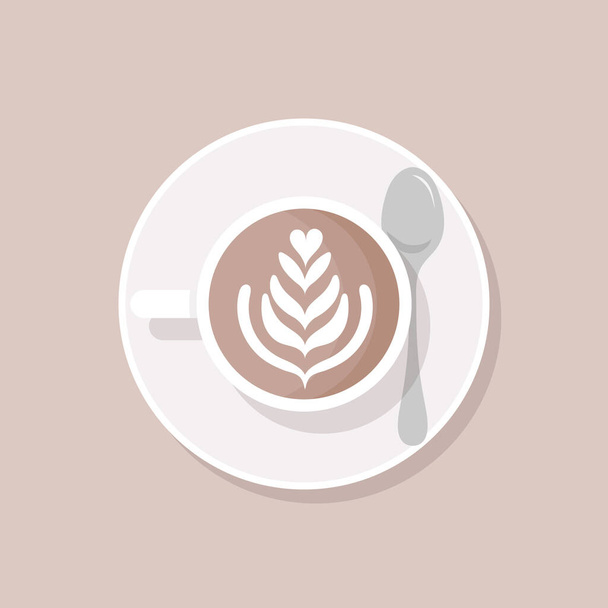 Latte arte vista superior. Taza de café con leche en un plato y cucharadita. Ilustración vectorial, diseño plano - Vector, Imagen