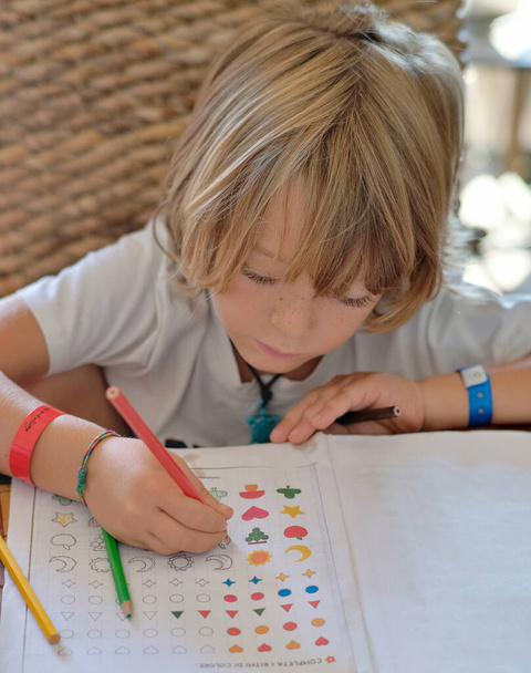 6 anni bambino maschio che fa i compiti su un tavolo a casa - Foto, immagini