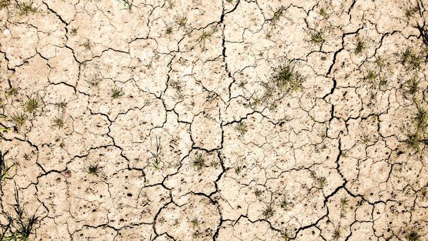Szczegóły pola sucha ziemia po długiej suszy. Zdjęcie zrobione z drona - Zdjęcie, obraz