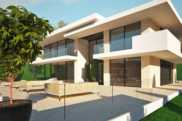 3D απεικόνιση της βίλας για την ανακούφιση. Σπίτι με πανοραμική παράθυρα και μια μεγάλη βεράντα. πολυτελής αρχιτεκτονική - Φωτογραφία, εικόνα