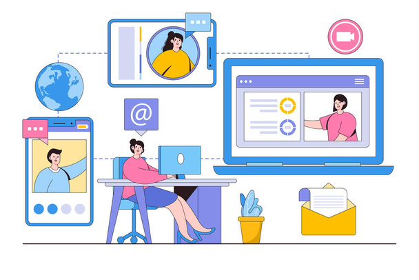 Flat women working use remote technology for video conference with team online concept. Outline design style minimal vector illustration. - Vector, Image