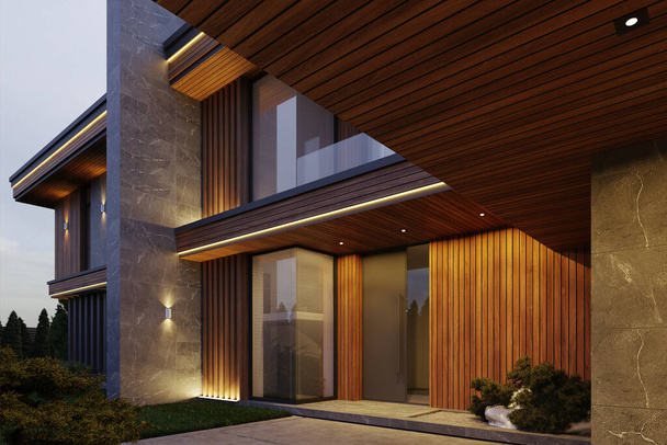 Visualización 3D de una villa moderna con una gran terraza. arquitectura de lujo - Foto, imagen