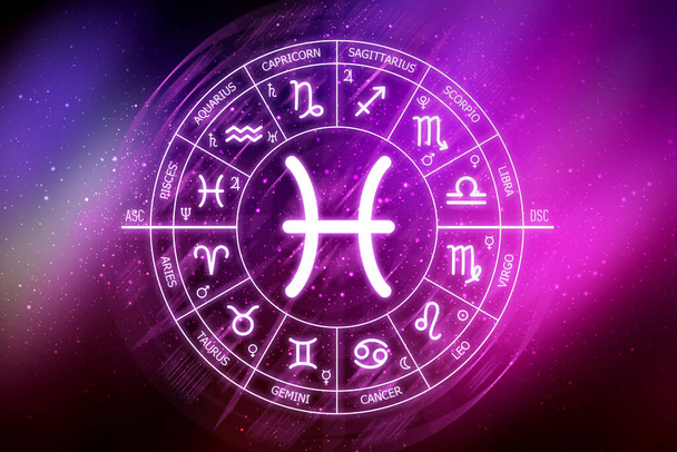 Znak zodiaku Ryb. Krąg zodiaku na ciemnoniebieskim tle przestrzeni. Astrologia. Kosmogram. dwanaście znaków zodiaku - Zdjęcie, obraz