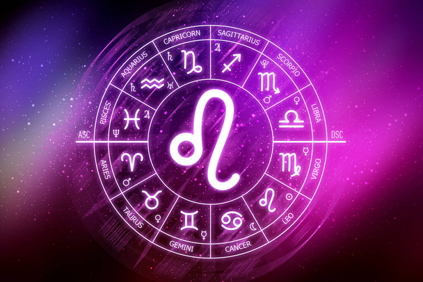 Leo zodiac sign. Leo icon on blue space background. Zodiac circle on a dark blue background of the space. Astrology. Cosmogram. twelve signs of the zodiac - Photo, Image