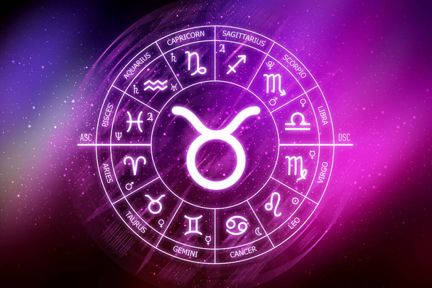Taurus zodiac sign. Abstract night sky background. Taurus icon on blue space background. Zodiac circle on a dark blue background of the space. Astrology. Cosmogram. twelve signs of the zodiac - Photo, Image