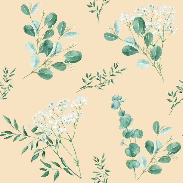 Seamless pattern with eucalyptus, gypsophila and pistachio branches on beige background. Watercolor illustration. Can be used for wallpaper, gift wrapping paper, fabric prints. - 写真・画像