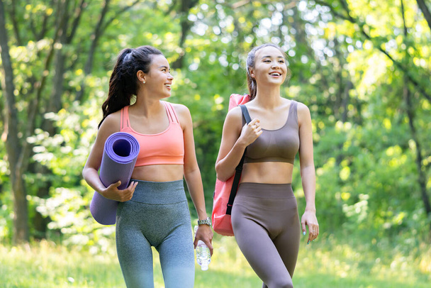 Two beautiful asian women walking with sports mats and preparing to start yoga training outdoors in a meadow. - Фото, зображення