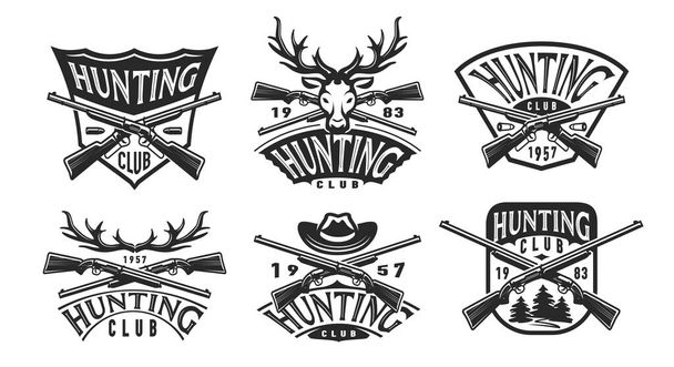 Hunting emblem. Collection hunt logo, set vintage label. Outdoor activities badge. Design elements vector illustration - Вектор,изображение