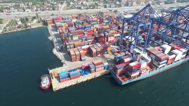 контейнерный порт, воздушный контейнерный порт и судно, портовый кран - Кадры, видео