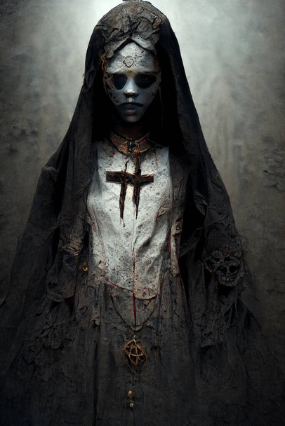 Ilustração de arte conceitual de freira de horror possuída por demônio - Foto, Imagem