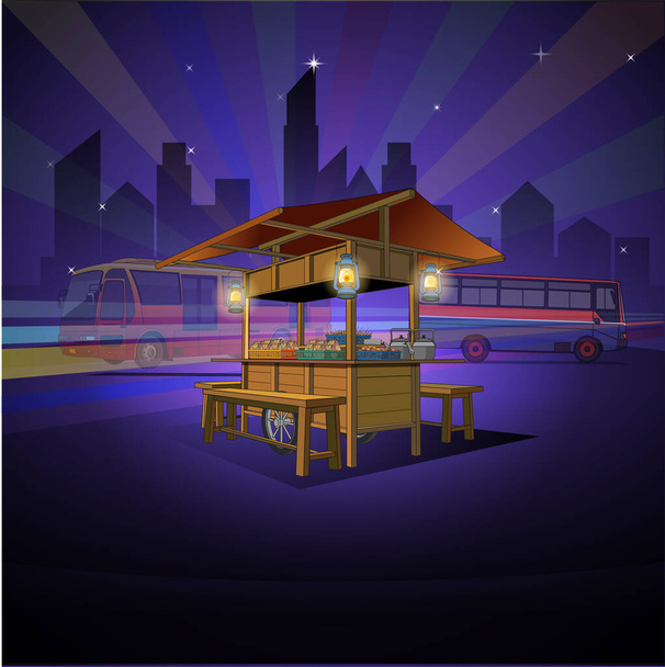 Ilustración vectorial, Angkringan lugar para vender una variedad de alimentos, bebidas a precios asequibles, con un ambiente nocturno en la esquina de la ciudad - Vector, imagen