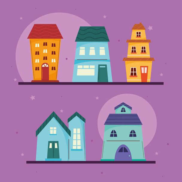 five houses fronts facades icon - Vector, Image