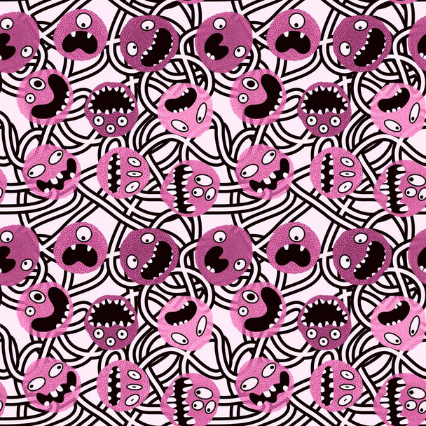 Monsters aliens cartoon seamless Halloween doodle pattern for wrapping paper and clothes print and kids accessories and fabrics and linens and textiles and study notebooks. High quality illustration - Foto, immagini