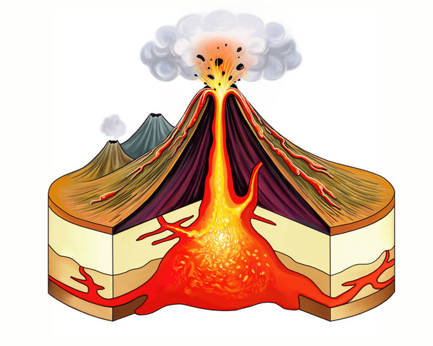 volcano eruption scheme, magma, crater and volcanic lava, 2d graphics, full color drawing, illustration for encyclopedia, isolated image on white background - Photo, Image