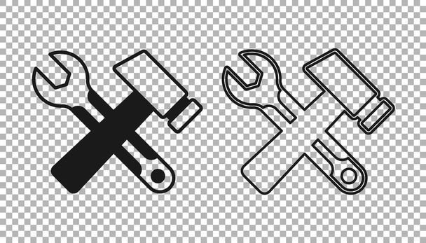 Martillo cruzado negro y llave inglesa icono de llave aislada sobre fondo transparente. Herramientas de hardware. Vector. - Vector, imagen