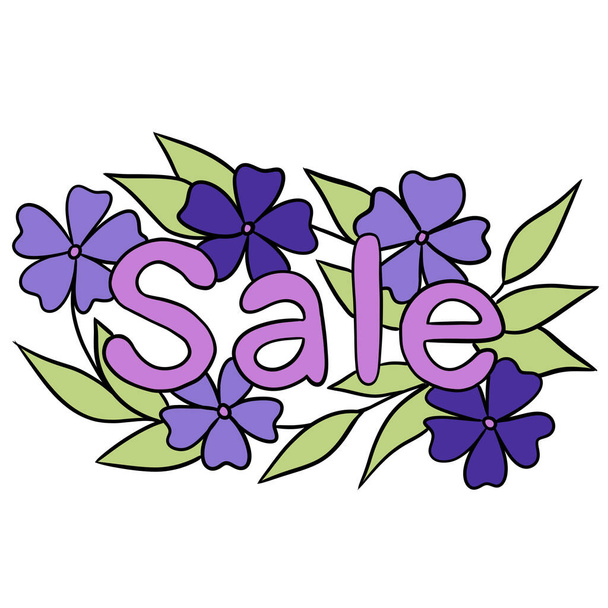 Yeşil yapraklı indirimli satışın el çizimi çizimi. Ticari pazarlama için çiçek bahar kompozisyonu. İlkbahar yaprakları yetişen zarif basit minimalist tasarım. - Fotoğraf, Görsel