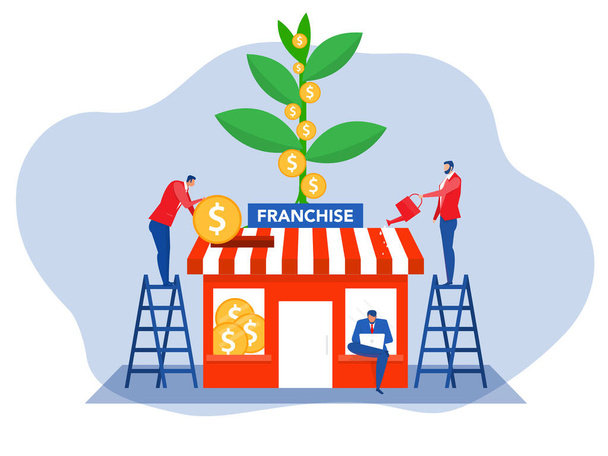 不動産ビジネスと人間の水の成長の植物フランスのショップビジネス中小企業、投資ベクトルイラストレーターのための金融マーケティング計画の戦略 - ベクター画像