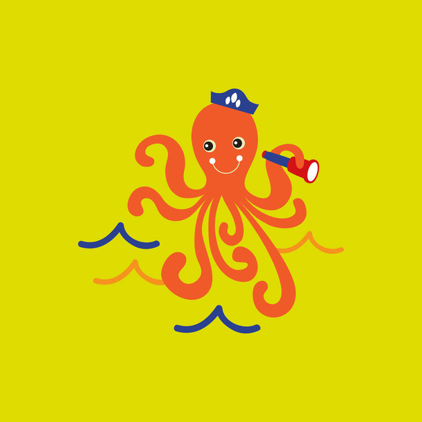 vector illustration of a cute cartoon octopus sailor with Spyglass - Vector, Image