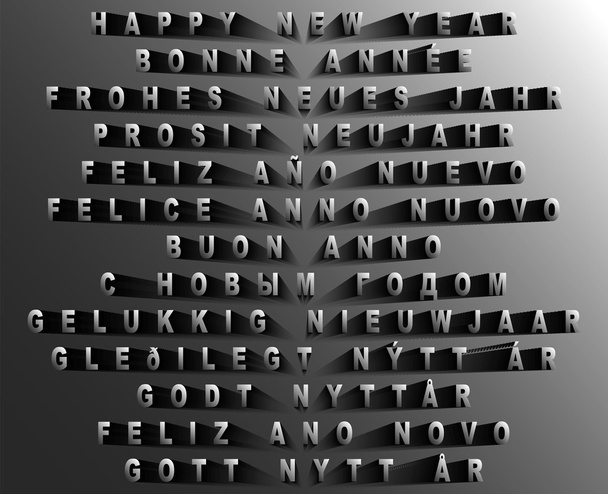 Feliz Ano Novo Vector Black Blend Design em 11 idiomas (inglês, francês, alemão, espanhol, italiano, russo, holandês, norueguês, dinamarquês, português, sueco
) - Vetor, Imagem