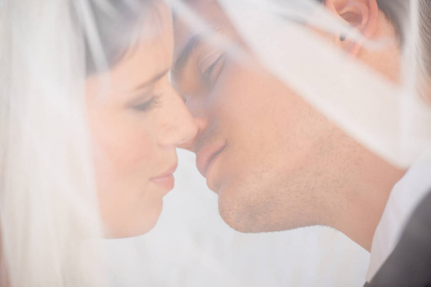 Sólo tú y yo para siempre. Imagen íntima de una pareja recién casada besándose detrás de un velo - Foto, imagen