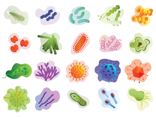 Különböző baktériumok, baktériumok és vírusok készlete fehér alapon - Vektor, kép