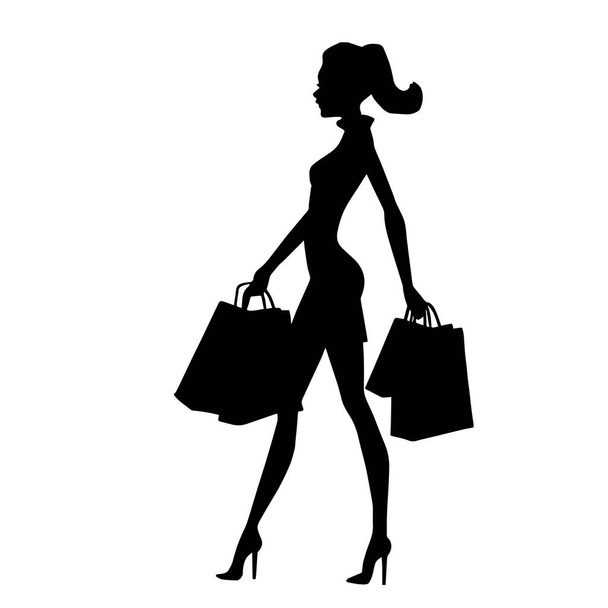 vektor sziluett egy nő egy bevásárló táska fehér alapon - Vektor, kép
