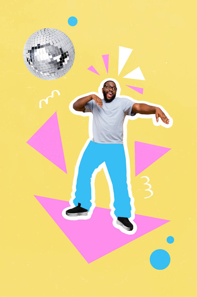Vertical collage portrait of positive satisfied guy dancing clubbing disco ball isolated on painted creative background. - Foto, Imagem