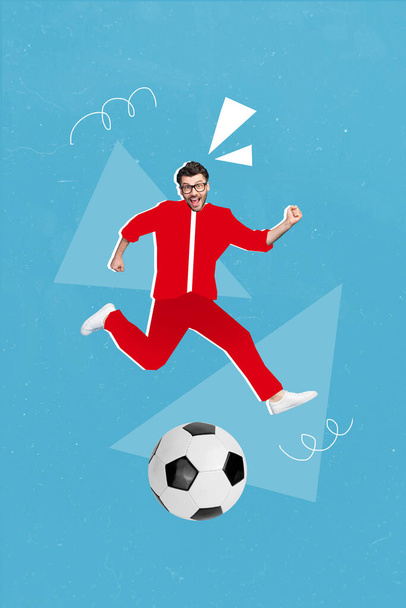 Vertical collage illustration of excited overjoyed guy running kick football isolated on drawing blue background. - Φωτογραφία, εικόνα