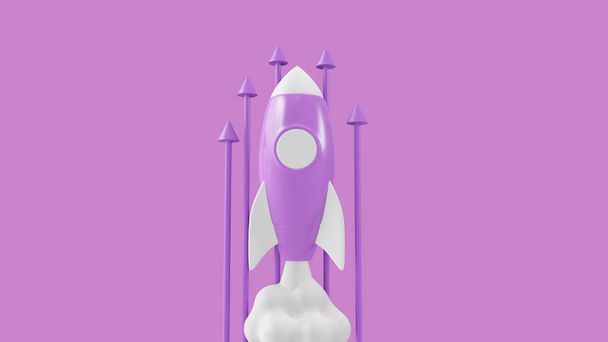 コンセプトロケットは、矢印が上昇し、個人とキャリアの開発、ライトパープルの背景に上昇雲を飛ぶ。高速成長とブーストの概念。モックアップコピースペース、 3Dレンダリング - 写真・画像