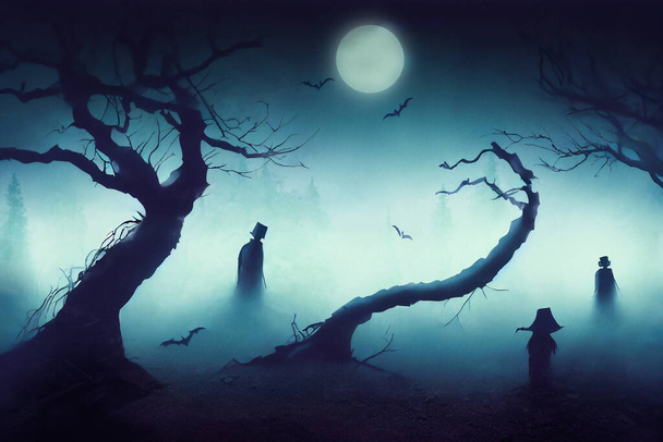 Призраки и летучие мыши в жутком Хэллоуинском лесу с туманом и луной, цифровая иллюстрация - Фото, изображение