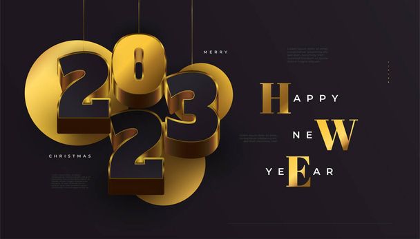 Feliz Año Nuevo 2023 Banner con números negros y dorados colgantes en 3D aislados sobre fondo negro. Diseño de año nuevo 2023 para pancarta, póster o tarjeta de felicitación - Vector, imagen