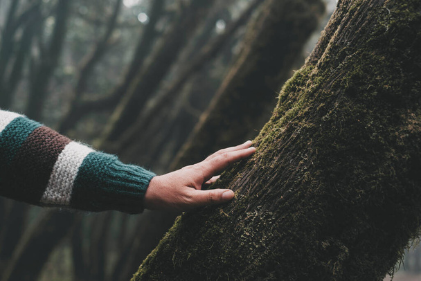 Gros plan d'un homme touchant doucement un tronc d'arbre avec du musc vert. Concept d'environnement et de protection de la nature, mode de vie des personnes. Arrêtez la déforestation. Sauver les forêts et les bois. Nature en plein air parc - Photo, image