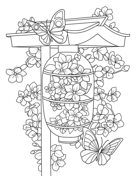 раскраска с цветами и листьями, векторная иллюстрация - Фото, изображение