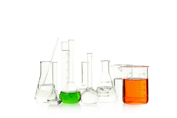 Concept of science and research, laboratory accessories isolated on white background - 写真・画像
