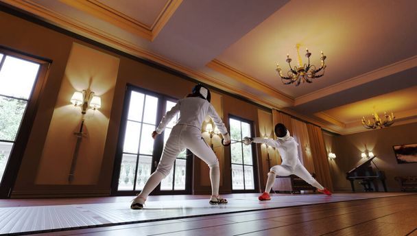Two female fencing athletes fight in old fencing hall - Photo, Image