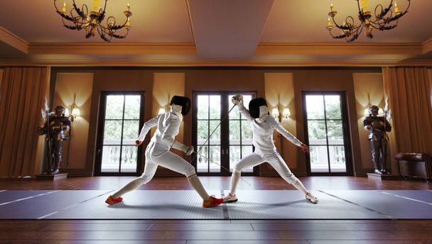 Two female fencing athletes fight in old fencing hall - Fotoğraf, Görsel
