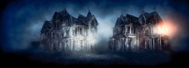 Kísértetház. Hátborzongató légkör Halloweenkor. Köd, holdfény. Világító ablakok. - Igen. Kiváló minőségű 3d illusztráció - Fotó, kép