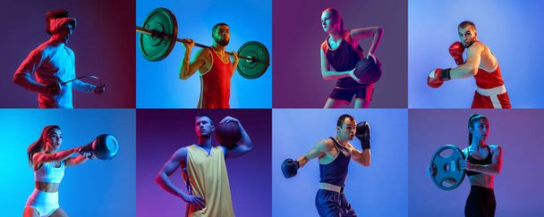 Kosárlabda, boksz, vívás, karate, fitness és súlyemelés. Kollázs profi sportolók elszigetelt színes háttér neon. A mozgás, a cselekvés, az eredmények és a kihívások fogalma. - Fotó, kép