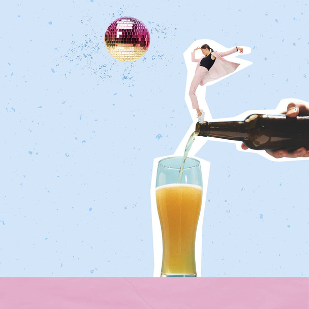 Contemporary art collage. Creative design. Stylish young woman dancing on lager foamy beer glass over disco ball. Concept of party, fun, celebration, creativity. Copy space for ad, text - Fotoğraf, Görsel