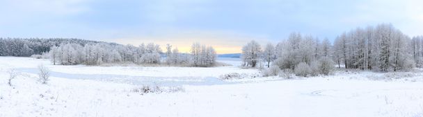 Panoramische uitzicht op bevroren meer in de winter - Foto, afbeelding