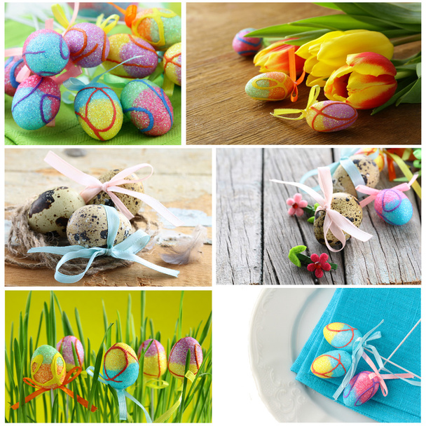 Yumurta, çiçek ve süslemeleri renkli Paskalya sembolleri - kolaj - Fotoğraf, Görsel