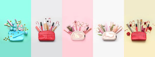 Collage de bolsas con cosméticos y decoración navideña sobre fondo de color - Foto, imagen