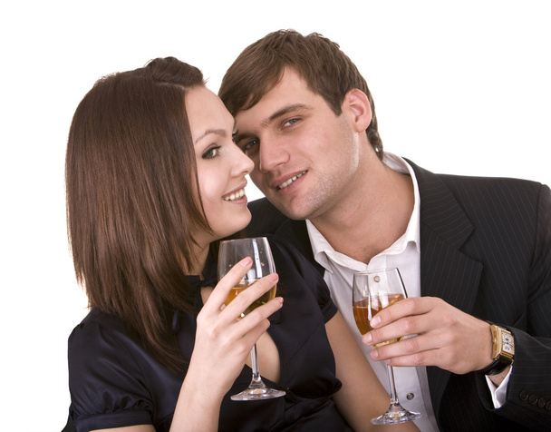 Paar von Mädchen und Mann küssen und trinken Wein. - Foto, Bild