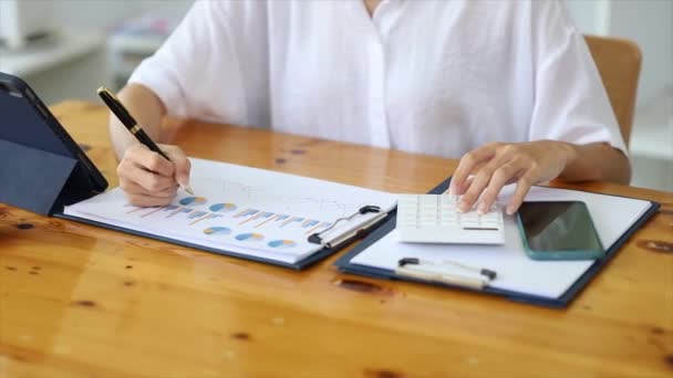 A female financier is reviewing company financial documents, monthly financial statement summary from the finance department. The concept of managing the company's finances for accuracy and growth. - Footage, Video