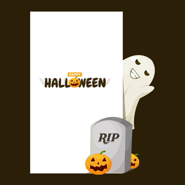 Cute ghost and headstone with happy halloween illustration - Vector, afbeelding